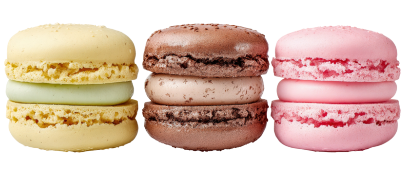 A vibrant display of three delicious macarons in pastel colors, showcasing a yellow, brown, and pink macaron stacked elegantly, set against a clean white background, ideal for dessert promotions