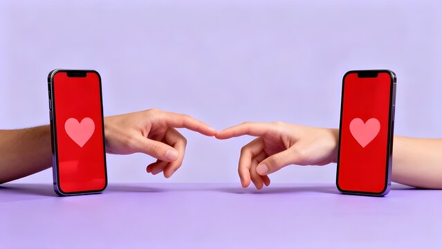 Online Dating, Mobile Application and Technology, Relationships in the Digital Age, Two Finger touched Illustration of Smartphone Connecting Two People