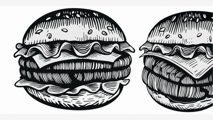 Vintage burger art for restaurant menus and food promotions, delicious black and white burger sketch style