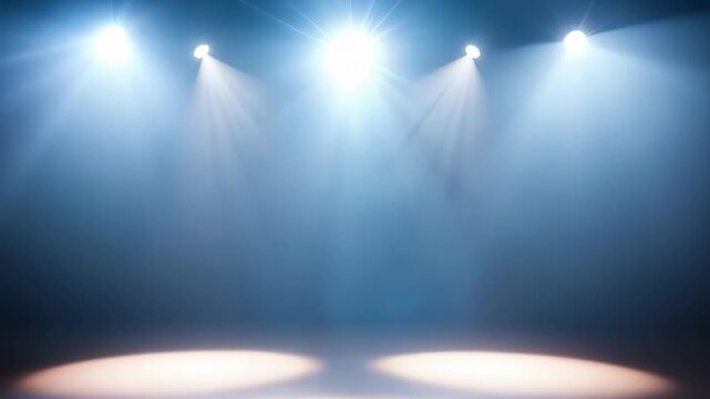 Stage Lighting With Dramatic Blue Beams And Spotlights Creating Atmospheric Effect On Dark Background