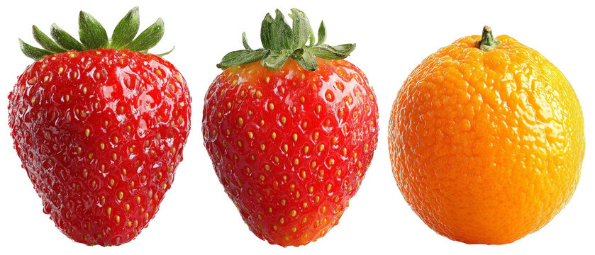 A vibrant arrangement of fresh strawberries and an orange, showcasing their rich colors and textures, ideal for food photography, culinary presentations, or healthy lifestyle promotions