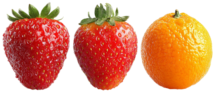 A vibrant arrangement of fresh strawberries and an orange, showcasing their rich colors and textures, ideal for food photography, culinary presentations, or healthy lifestyle promotions