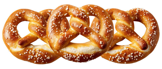 A close-up view of three freshly baked pretzels, sprinkled with coarse salt, arranged neatly on a white background, showcasing their golden-brown crust and soft interior, perfect for a snack