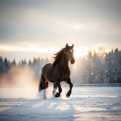 Obraz premium Majestic brown horse galloping through a snowy field at sunrise in winter landscape