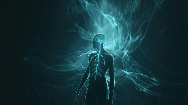 Schematic diagram of human silhouette with glowing blue vagus nerve pathway from brainstem to abdomen, emitting serene ripples of calm. Dark background with mystical and medical illustration style