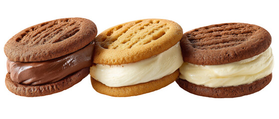 Three assorted sandwich cookies with chocolate and cream fillings, arranged neatly on a white background, ideal for dessert promotion or snack advertisements