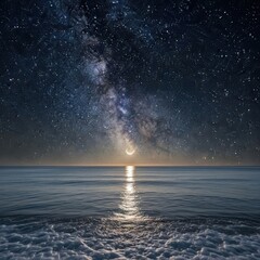 Milky way and crescent moon over the sea at night with stars and water reflection