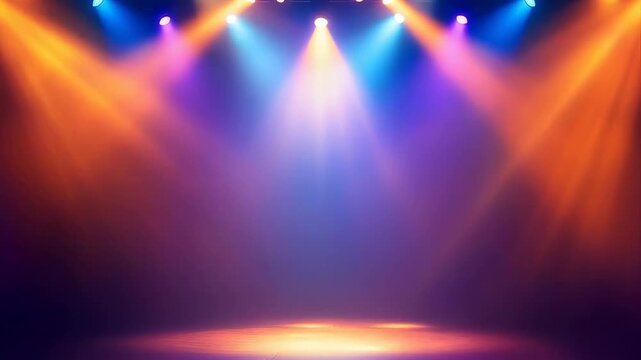 Stage Lights Illuminating Empty Platform With Dramatic Orange Blue Purple Hues And Smoke Effects