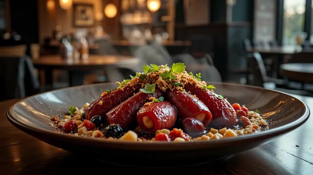 A beautifully plated gourmet sausage dish served on a stylish ceramic plate, topped with fresh herbs and garnished with colorful ingredients such as berries, diced vegetables, and crunchy textures