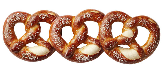 A delicious arrangement of freshly baked pretzels, glistening with salt, placed on a clean surface, showcasing their golden-brown color and inviting texture, ideal for snack ideas