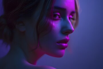 Naklejka premium Portrait of a woman with neon pink and blue lighting on face