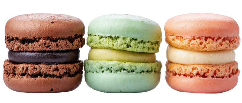 A vibrant display of three colorful macarons stacked together, showcasing their distinct flavors and textures, set against a clean white background, ideal for culinary presentations