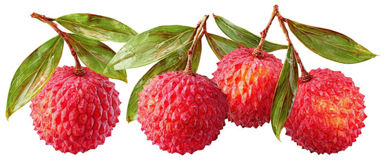 A vibrant display of fresh lychee fruits, showcasing their textured skin and green leaves, set against a white background, perfect for culinary or health-related content
