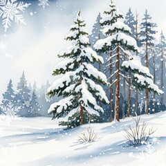 Fototapeta premium Watercolor winter forest landscape with snow covered trees and snowflakes background