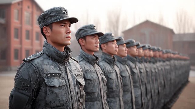 Chinese soldiers in neat formation show authority and determination