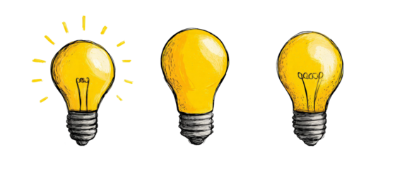A creative illustration of three light bulbs in varying styles, symbolizing ideas and innovation, set against a simple background that enhances the focus on the bulbs