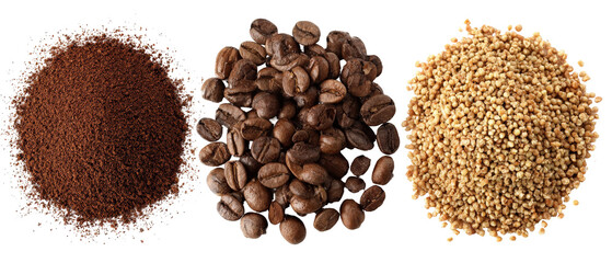 A visually appealing arrangement of coffee grounds, roasted coffee beans, and a grainy substance, showcasing their textures and colors, ideal for culinary or beverage-related content