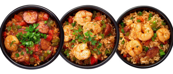 A vibrant display of three delicious bowls featuring shrimp and sausage jambalaya, garnished with fresh green onions, set against a clean white background, perfect for culinary promotions
