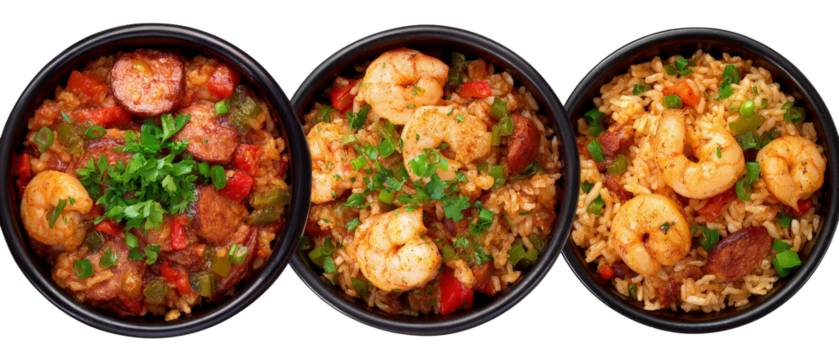 A vibrant display of three delicious bowls featuring shrimp and sausage jambalaya, garnished with fresh green onions, set against a clean white background, perfect for culinary promotions