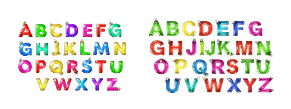 Two versions of alphabet letter balloons in various colors are displayed, The letters are presented in two rows, showing the full alphabet from A to Z. Christmas theme
