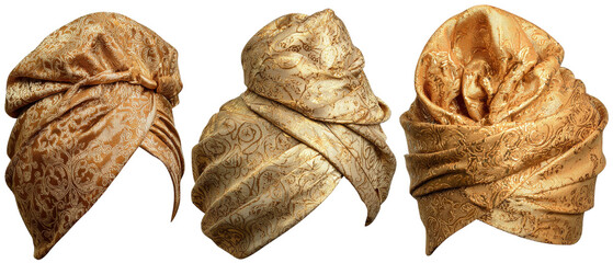 A stunning display of three intricately designed golden turbans, showcasing rich textures and patterns, perfect for cultural celebrations or fashion events, set against a neutral background