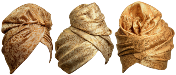 A stunning display of three intricately designed golden turbans, showcasing rich textures and patterns, perfect for cultural celebrations or fashion events, set against a neutral background