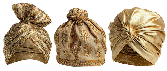 Three intricately designed golden turbans displayed side by side, showcasing their unique patterns and textures, set against a plain background, ideal for cultural fashion or textile studies
