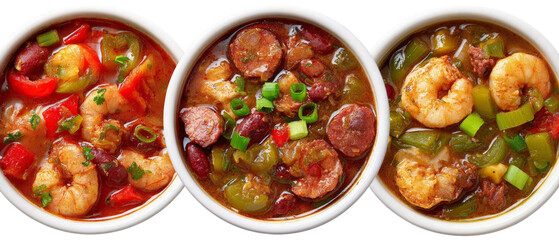 Three bowls of vibrant gumbo featuring shrimp and sausage, garnished with green onions, set against a neutral background, showcasing a delicious culinary experience