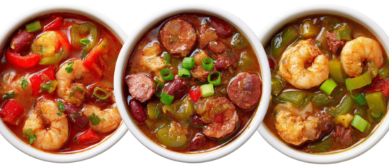 Three bowls of vibrant gumbo featuring shrimp and sausage, garnished with green onions, set against a neutral background, showcasing a delicious culinary experience