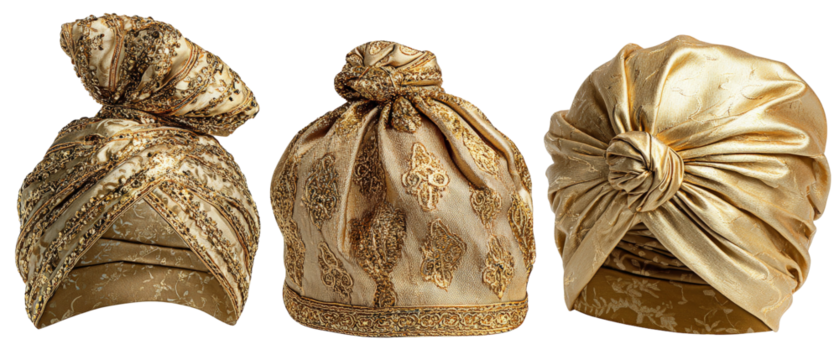 Three intricately designed golden turbans displayed side by side, showcasing their unique patterns and textures, set against a plain background, ideal for cultural fashion or textile studies