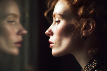 Pensive red haired woman gazing out window with a thoughtful expression
