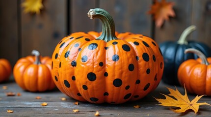 Orange pumpkin with black polka dots and autumn leaves on rustic wood