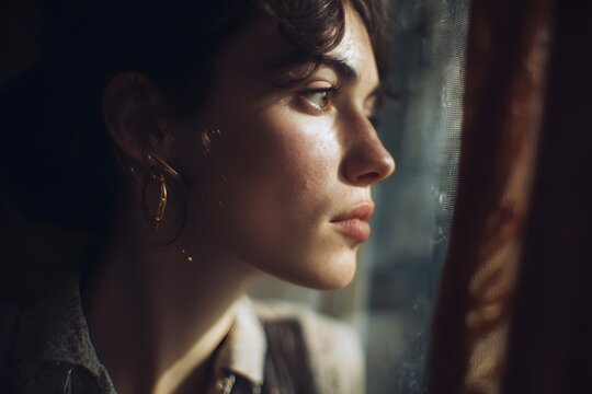 Woman gazes through textured window with contemplative expression, lost in thought