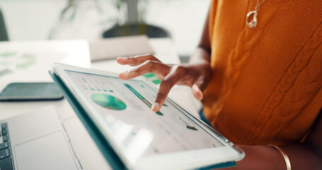 Information, hands and tablet screen with business person at desk in office to review charts or graphs. Data, statistics on digital display and technology with employee in workplace for analysis