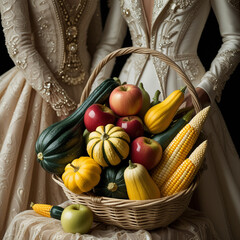 Abundance of Autumn Harvest Vegetables and Fruits in a Basket Display