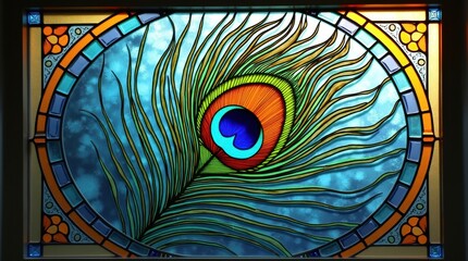 Intricate stained glass window featuring a vibrant peacock feather design