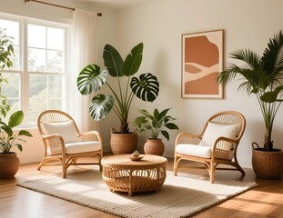 Scandinavian Indian Minimalist Living Room with Wooden Lounge Chairs and Wicker Coffee Table in Natural Light