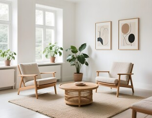 Scandinavian Indian Minimalist Living Room with Wooden Lounge Chairs and Wicker Coffee Table in Natural Light