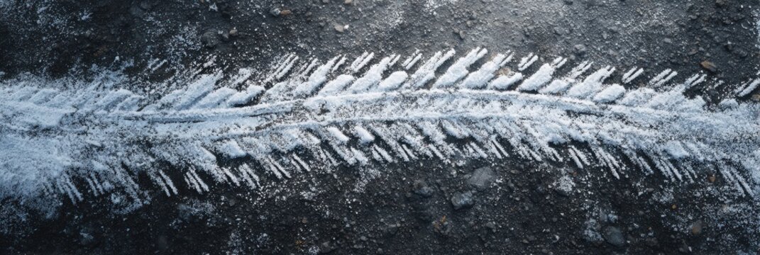 Snow Tire Tread Marks Create Distinct Patterns on Asphalt in a Winter Landscape