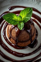 Decadent chocolate lava cake with fresh mint garnish and chocolate sauce drizzle