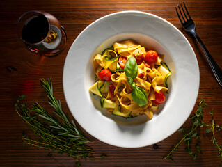 Delicious pasta dish with fresh vegetables and herbs served on a wooden table