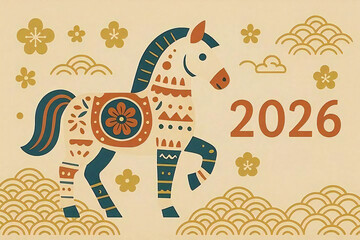 2026年の干支「午」をモチーフにした落ち着いた色合いの年賀状デザインです。梅の花や波などの縁起の良いモチーフを組み合わせた上品なお正月イラストです。