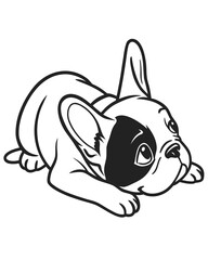 Cute French Bulldog Puppy Lying Down – Black and White Line Art Vector Illustration