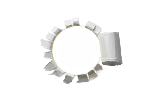 Extreme macro of transparent paper with dynamic tear, circular aperture revealing intensely luminous void, on transparent background, high contrast studio light, concept of unexpected revelation