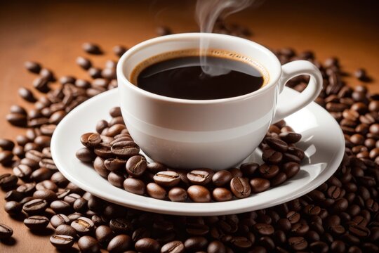 Dampfender Kaffee in einer Tasse umgeben von frischen Kaffeebohnen