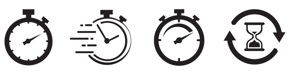 Set of timer and stopwatch icons. Quick time icon, fast deadline, countdown timer collection. Vector illustration.