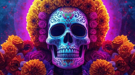Day of the dead skull adorned with marigolds and vibrant colors