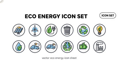 Eco Energy Icon Set – Editable Stroke Vector Icons for Sustainability, Renewable Power, and Green Technology