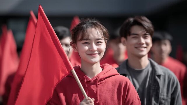 Youth Holding Red Flags Showcasing Vibrant Power