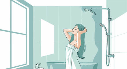 Serene Shower Scene Woman Enjoying a Refreshing Morning Wash